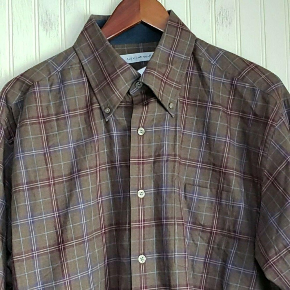 Alex Cannon Shirt Mens Large‎ Brown Plaid Long Sleeve Button-Down Cotton Casual